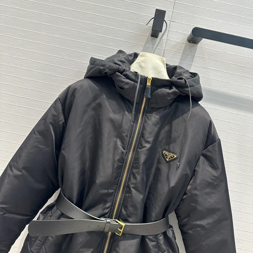 NYLON HOODED DOWN JACKET WITH BELT
