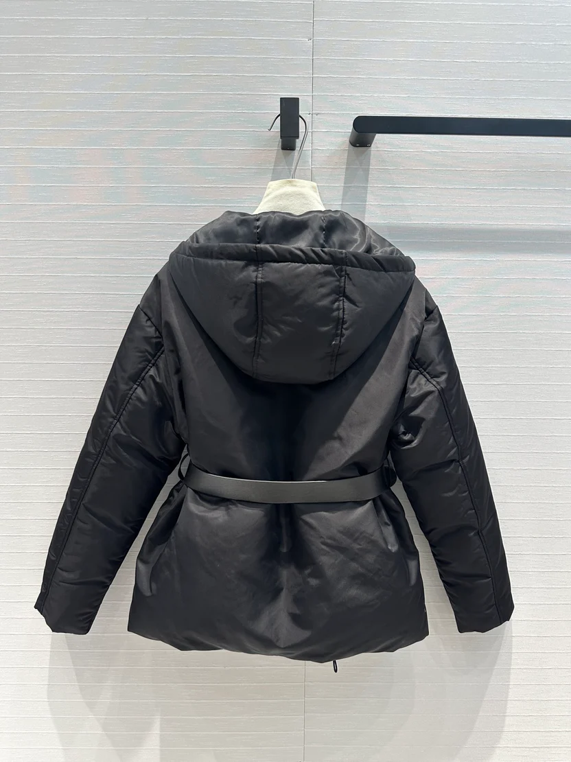 NYLON HOODED DOWN JACKET WITH BELT