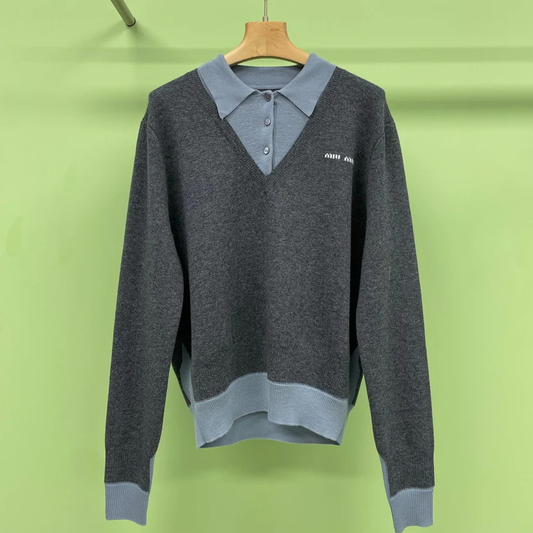 TWO PIECE EFECT WOOL KNIT SWEATER