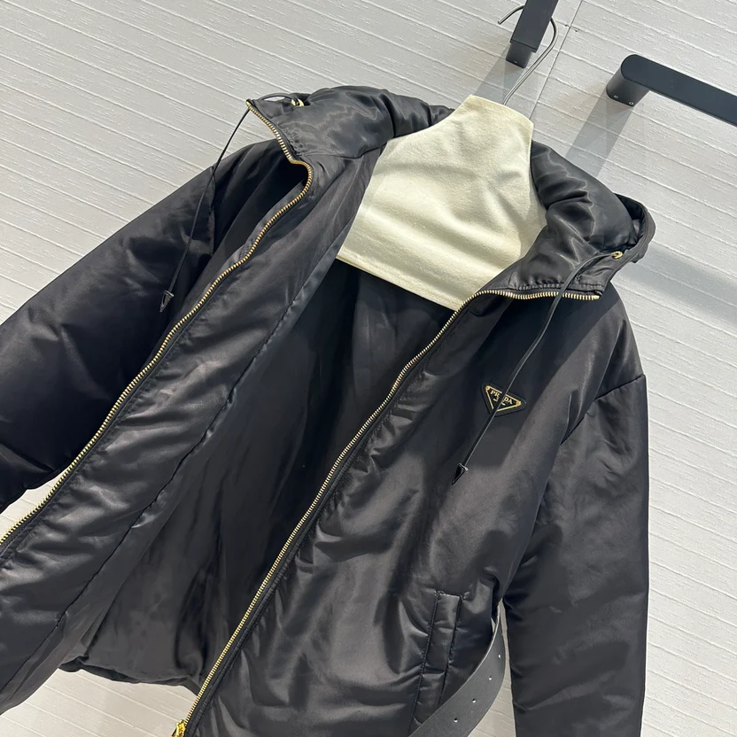 NYLON HOODED DOWN JACKET WITH BELT