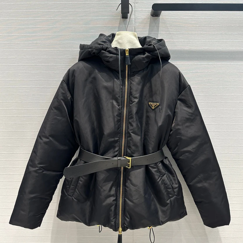 NYLON HOODED DOWN JACKET WITH BELT